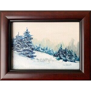 Framed Original Oil Landscape Painting Winter Forest Snowy Pines Art 7x9 Signed